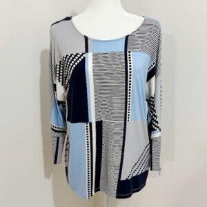 Calvin Klein Geometric Print Pullover Top 3/4 Sleeves Zipper Cuffs Size M
